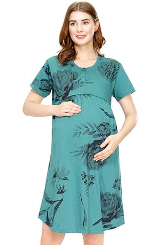 ZEYO Women's Cotton Sea Green Night Dress Floral Printed Maternity & Feeding Short Nighty Night Gown 5808