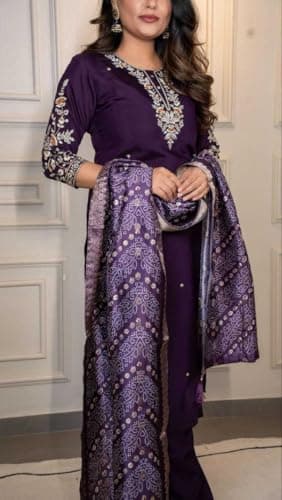 Magenta Women Embroidered Kurta with Dupatta Set | Ethnic Straight Kurti for Festive Wedding Party Casual Wear | Traditional Indian Outfit 3/4 Sleeve Size - XXL 5