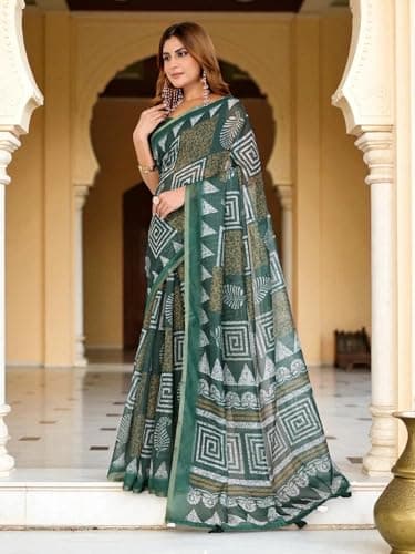 Qynvexa Ethnic Women's Printed Chanderi Silk Saree with Unstitched Blouse Piece | Lightweight Silk Blend Floral Print Sari for Festive, Wedding and Office Wear (5.5 Meters Saree + 0.8 Meter Blouse) 3
