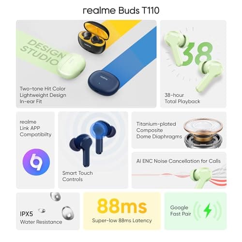 realme Buds T110 True Wireless in Ear Earbuds with 10mm Dynamic Bass Boost Driver, 38 Hours Playback, AI ENC, 88ms Low Latency & IPX5 Water Resistant (Country Green) 2