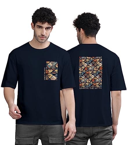 BULLMER Trendy Front and Back Printed Oversized Round Neck T-Shirt for Men - Blue/XX-Large