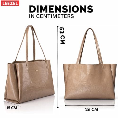 LEEZEL Women's Structured Tote Bag – Large Capacity Work & Travel Purse Croco Pattern Vegan Leather Stylish Tote Bag Classic Everyday Shoulder Bag (BEIGE) 2