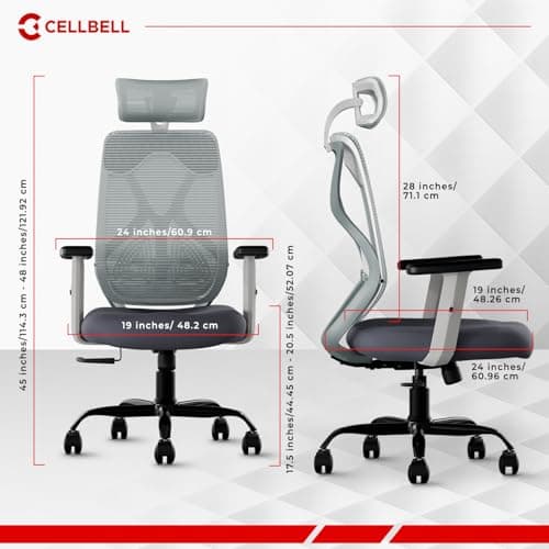 CELLBELL C190 Berlin Office Chair, High Back Mesh Ergonomic Home Office Desk Chair (Grey - White) 3