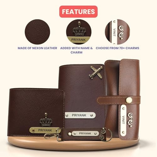 YOUR GIFT STUDIO Personalized Name & Charm Leather Wallet Mens Combo Gift Set Nexon Leather | Customized Birthday Anniversary Office Gifts for Man | Customized Gift Hamper for Men (Brown) 4