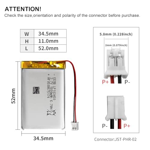 EEMB Lithium Polymer Battery 3.7V 1800mAh 103450 Lipo Rechargeable Battery Pack with 2 Wires JST 2.0mm Connector for Speaker and Wireless Device- Confirm Device & Connector Polarity Before Purchase 3