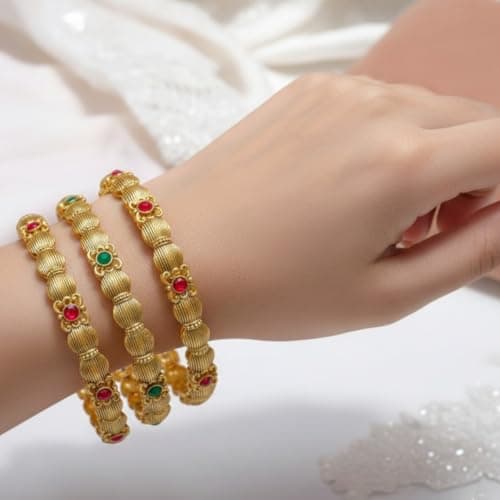 ACCESSHER Gold Plated Pink & Green Artificial Stone-Studded Bangles for women and girls (Set of 4) (2.6) 4