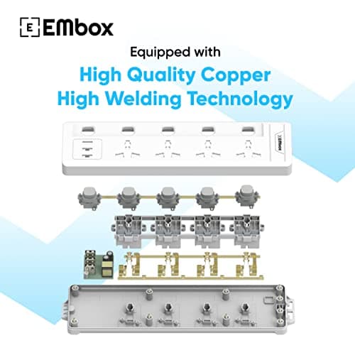 EMBOX Extension Board with USB (2.4 A)| Extension Board with Switches Spike Guard | 6 amp Universal Sockets, LED Indicator 2500W, 2 Meter Extension Cord 5