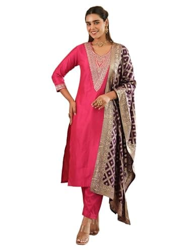 INDO ERA Women's Silk Blend Yoke Sequins Embroidered Straight Calf Length Kurta with Pant & Dupatta Set (Pink_IESTR10960_XX-Large)