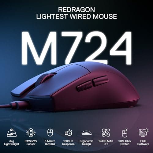 Redragon M724 Wired Gaming Mouse, 42G Ultra-Light 12,400 Max DPI Optical Gaming Mouse with 5 Programmable Buttons, Ergonomic Natural Grip Build, Software Supports DIY Keybinds & DPI, Black 2