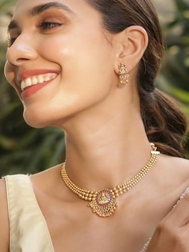 Rubans 22KT Gold Plated Brass Red Stone Studded Lakshmi Motif Temple Necklace Set For Women 2