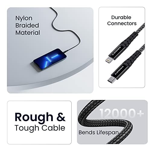 Ambrane Type-C to Lightning USB Cable, 22.5W Fast Charging, 480Mbps Data Sync Cable Compatible with iPhone, iPad, Macbook, iMac, AirPods, 1.25m (RTL-125 Black) 5