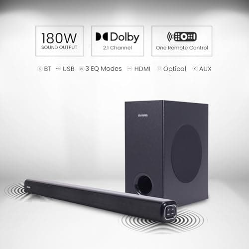 Aiwa Soundbar with Bluetooth V5.3 and Powerful Bass, 5.25 Inches Subwoofer, 2.1 Channel with Remote Control SD Card, HDMI AUX, USB and Optical Connectivity 180W Sound bar | Kabuki - AW-SSB180 (Black) 3