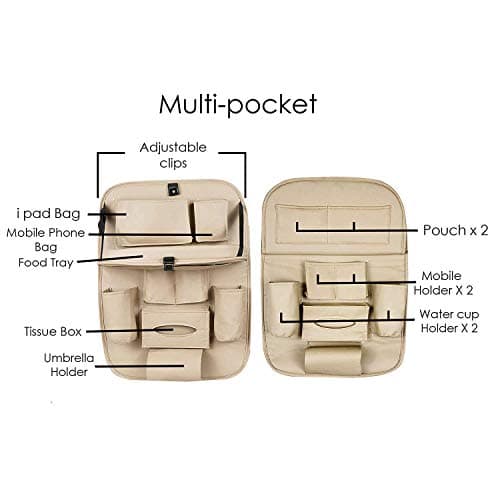 Tradesk Car Back Seat Organiser, Multi-Pocket Storage Bag with Cup Holders, Seat Protector for Kids and Pets, Backseat Accessory, Beige 5
