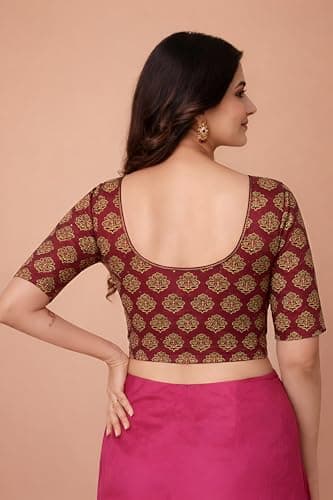 Amazon Brand - Anarva Women's Kalamkari Print Cotton Stretchable Round Neck Readymade Saree Blouse (Kalamkari-Blouse-Classic-Butta-XL) 4