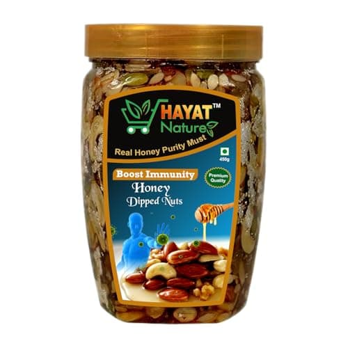 Hayat Nature Honey multi flora mixed dry fruits and nuts, Roasted and Crunchy with Immunity & Energy Booster, Zero Chemicals & Preservatives. Pure and Natural Dry Fruits & dipped in organic honey 450g