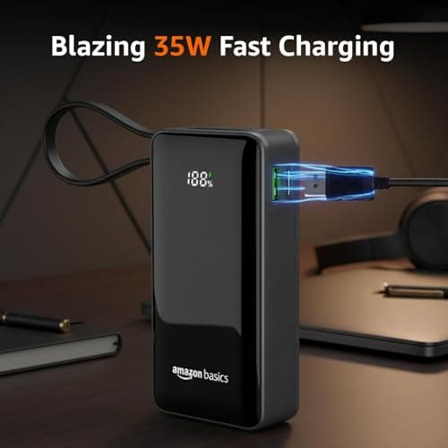 Amazon Basics Power Bank, 10000mAh, 35W Nano, Built-in Type C Cable, 2 Ports - Metallic Silver 4