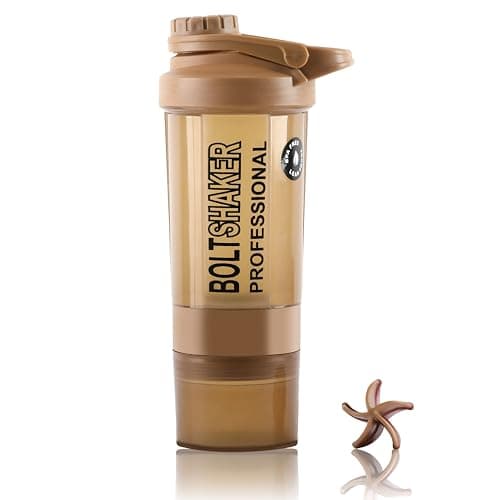 Zyro Bolt Protein Shaker Bottle 600ml Leakproof Gym Shaker with 2 Storage Compartments BPA-Free Sipper Bottle for Protein Shakes,Pre-Workout Gym Bottle for Men & Women (Brown)