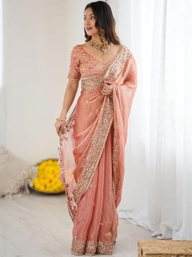 Maa enterprise Designer Traditional Embroidered Saree with Matching Blouse Piece, Festive Ethnic Draping Outfit for Women (Peach) 5