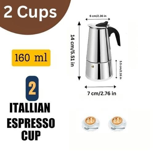 HOMETIC Stainless Steel Stovetop Espresso Maker Italian Style Moka Coffee Pot with Ergonomic Handle, 2-4-6 Cup Capacity, Durable & Easy-to-Use for Rich, Full-Bodied Coffee at Home (2 Cups) 2