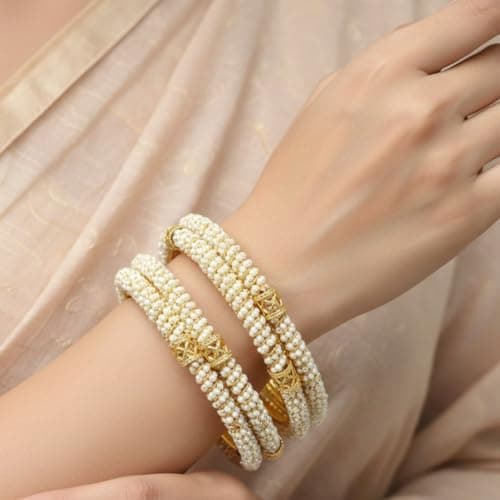 ACCESSHER Traditional Gold Plated Bangles With Beaded White Faux Pearl For Women and Girl (Set of 4) (2.6) 4
