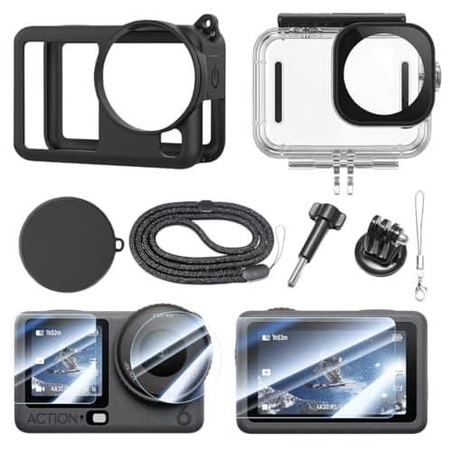 ADOFYS Action Camera Accessories for DJI Osmo Action 6 with Waterproof Case + Ultra Clear Tempered Glass Screen Protector + Lens Protector + HD Front Display Lens Protector + Silicone Rubber Case