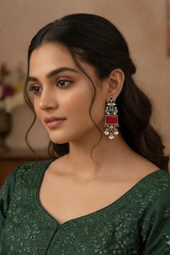 RICH MORE Oxidized Designer Stud Earrings Set, Traditional & Modern Earring Set for Women & Girls, Trendy, Fancy & Fashion Earrings for Daily and Occasion Wear, Lightweight (RED MORLO) 3