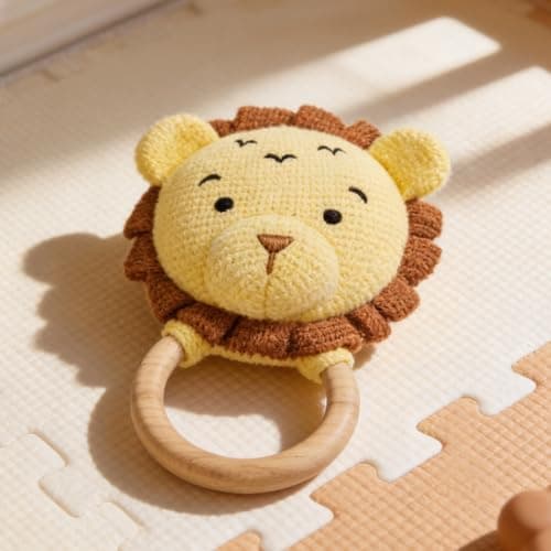 Haus & Kinder Leo Lion Baby Teether Toy for Newborn Baby, BPA Free 100% Cotton Knitted Soft Toy with Wooden Ring & Rattle, Sensory Chew Teether for Infants 0–24 Months