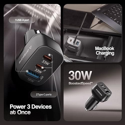 Ambrane 84W Triple Output Fast Car Charger with 2 Type-C & 1 USB, 33W Type C Charging with PD Technology, Fast Charging Adapter Compatible with Cars for iPhone & Android Smartphones (Charge C84,Black) 2
