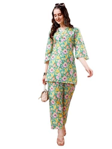 Yashika Women's Trendy Printed Cotton Blend Straight Light Green Color Kurta and Palazzo Set(YS-KS2075-L)