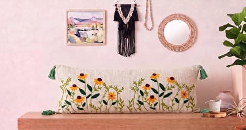 Furnistitchs Embroidered Tufted Lumbar Cushion Cover 14x36 inches Boho Pillow Case | Rectangular Throw Pillow Cover for Sofa Bed Couch Living Room Home Decor (1, Natural Floral Cuts, 14x36 inches) 3