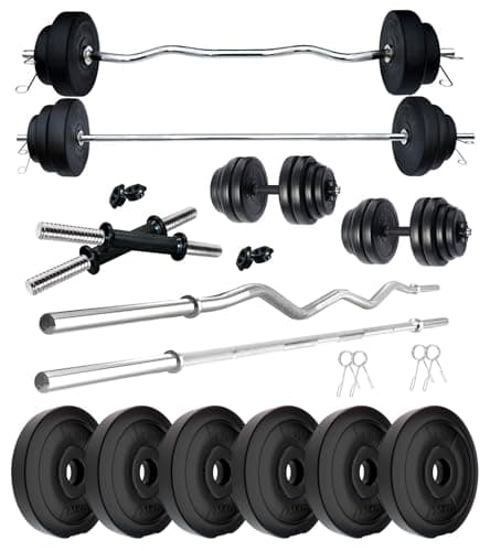 Kore PVC 15 Kg Home Gym Set with One 3 Ft Plain + One 3 Ft Curl Rod and One Pair Dumbbell Rods, Multicolour