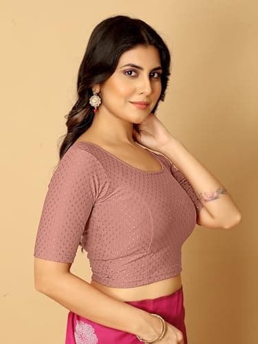 Amazon Brand - Anarva Round Neck Dobby Cotton Lycra Stretchable Elbow Sleeve Readymade Saree Blouse for Women Stylish (Cotton-dobbi-Dusty-Pink-XL) 3
