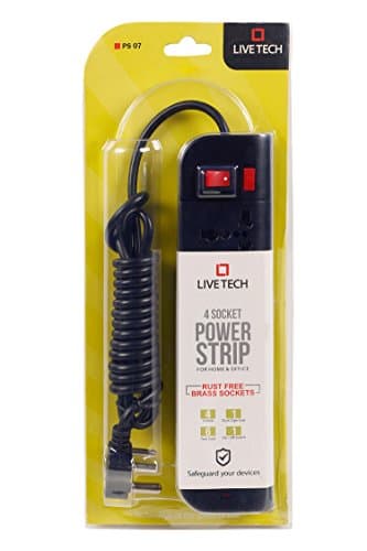 Live Tech PS07 4 Socket Brass Rust Free, 6ft Extension Cord 3 Pin Plug Spike Guard Power Strip Wall Mount (Black)