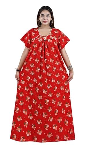 Bejod's Collection Women's Nighty Cotton Maxi Nightdress – Printed Floral Full-Length Nightgown, Plus Size Loose Fit Sleepwear Summer Nightwear for Women XL-3XL (Red, XXL)