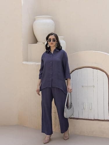 TITTLI Rayon Fabric Collared Three-Quarter Sleeves Shirt & Trouser Co-Ord Set for Women | Elastic Waist Bottom | Casual Wear Relaxed Fit Outfit | Sizes - M, L, XL, XXL, 3XL Purple 5