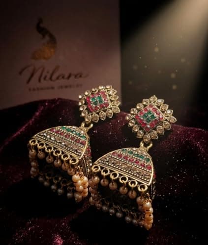 NILARA Kundan Jhumka Earrings for Women | Gold Plated Traditional Temple Jewellery | Antique Dome Jhumki | Bridal Wedding Party Fashion Ethnic Earrings for Women and Girls | Bridal Earring Kundan (Red 3
