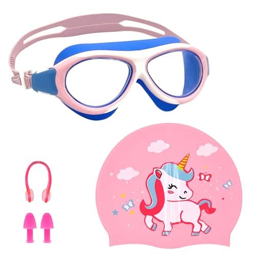 SLOVIC Swimming Kit for Kids | Swimming Goggles & Swimming Cap for Girls & Boys | With Swimming Accessories Ear Plug, Nose Clip | UV Protection | Anti Fog | Pink Google & Unicorn Pool Cap