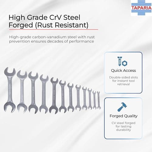TAPARIA DEP12HP (12 Pc) Spanner Set-6x7 to 30x32mm Double Side Open End Wrench, Wall Hanging-High Grade CrV Steel Forged-Rust Prevention Coating-Professional Mechanic Tool Set-DIY, Home, Professional 4