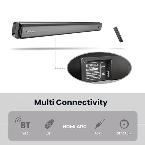 ZEBRONICS ZEB-JUKE BAR 3800 PRO DOLBY Wireless Bluetooth Single Soundbar With Supporting Wall Mount, USB, AUX, Optical IN, HDMI ARC & Remote Control. (60 Watt, 2.0 Channel) 5