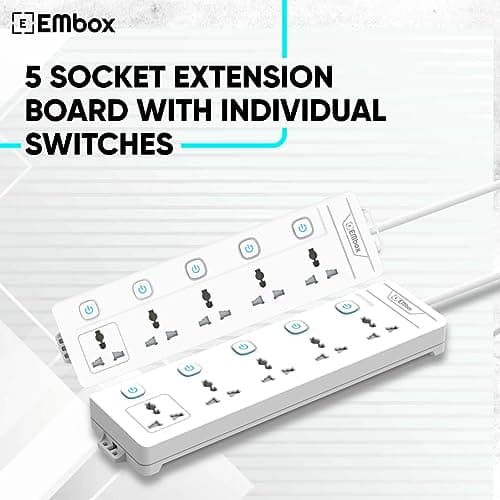 EMBOX Extension Board with Switches 2500 W, 5 Universal Sockets, Individual Switch, Safety Shutter, 6 amp Spike Guard, LED Indicator and Safety Shutter 2