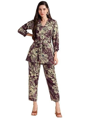MIRCHI FASHION Women's Relax Fit Rayon Foil Work Floral Printed 2 Piece Kurta Co-Ord Set with Trouser (K10172-Wine, Beige-XL)