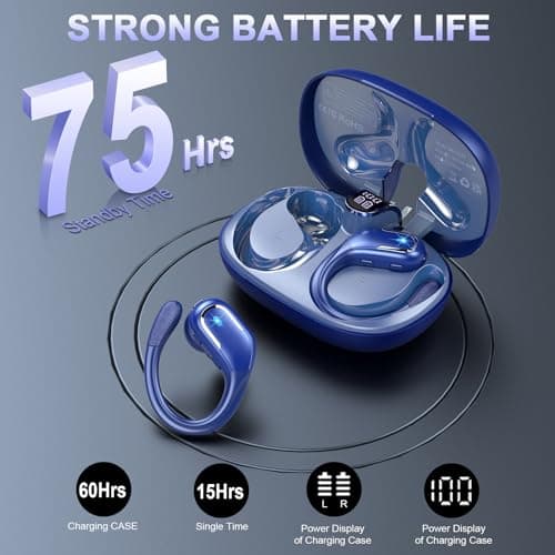 Wireless Earbud Bluetooth 5.4 Headphones 75Hrs Playtime, 2025 Bluetooth Earbuds Deep Bass Noise Cancelling Mic, Over Ear Bud with Sport Earhooks, IPX7 Waterproof LED Display, Button Control, Blue 2