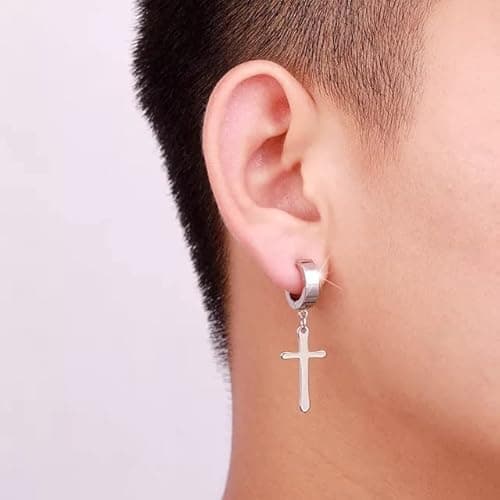 Vien Jewelry Jesus Cross Black/Silver Stainless Steel Hoop Huggie Earring for Men and Women 3