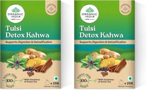 A TATA Product - Organic India Tulsi Detox Kahwa - 25 Tea Bags, Helps Improve Digestion & Detoxification, Rich in Antioxidants, Made with Tulsi, Ginger, Clove, and Green Tea (Pack of 2)