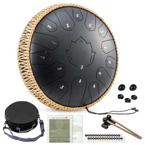 HASTHIP® Steel Tongue Drum 15 Note, 13-inch Percussion Instrument Handpan Drum with Bag, Music Book and Mallets for Kids and Adults Meditation Musical Education Concert Mind Healing Yoga-Black