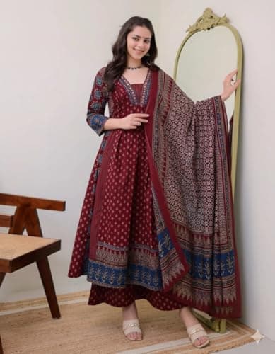 KLOSIA Women Printed Anarkali Kurta and Pant Set with Dupatta Maroon 4