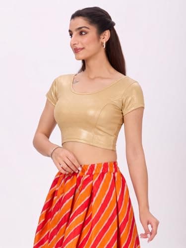 Plus Size Round Neck Stretchable Shimmer Blouse Gold Short Sleeve 3
