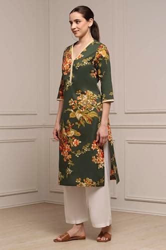 Biba Women Olive Green Cotton Straight Printed Kurta_38 4