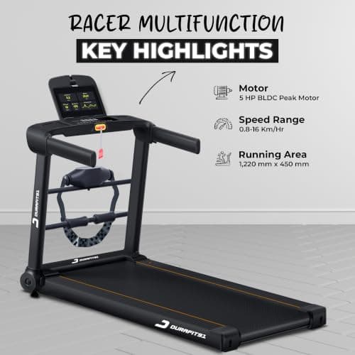 Durafit91™ Racer Multifunction 5 HP Peak BLDC Motorized Treadmill| 120 Kg User Weight| 16 Km/Hr Max Speed | Hydraulic Foldable| Bluetooth Speaker | Wynd app | Home use 3