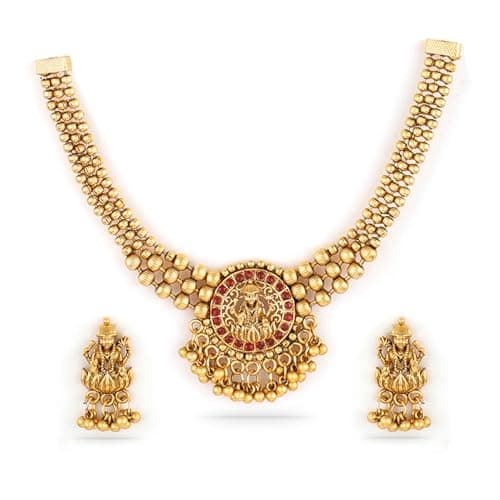 Rubans 22KT Gold Plated Brass Red Stone Studded Lakshmi Motif Temple Necklace Set For Women